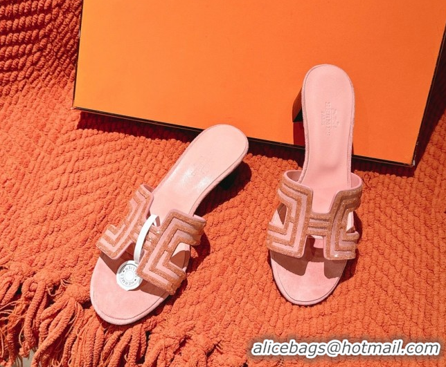 Unique Style Hermes Classic Oasis Heel Slides Sandal 5cm in Suede and Strass Light Pink 0606191