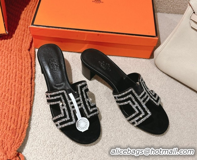 Top Grade Hermes Classic Oasis Heel Slides Sandal 5cm in Suede and Strass Black/Silver 0606192