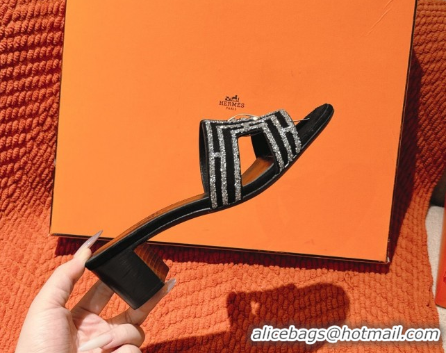 Top Grade Hermes Classic Oasis Heel Slides Sandal 5cm in Suede and Strass Black/Silver 0606192