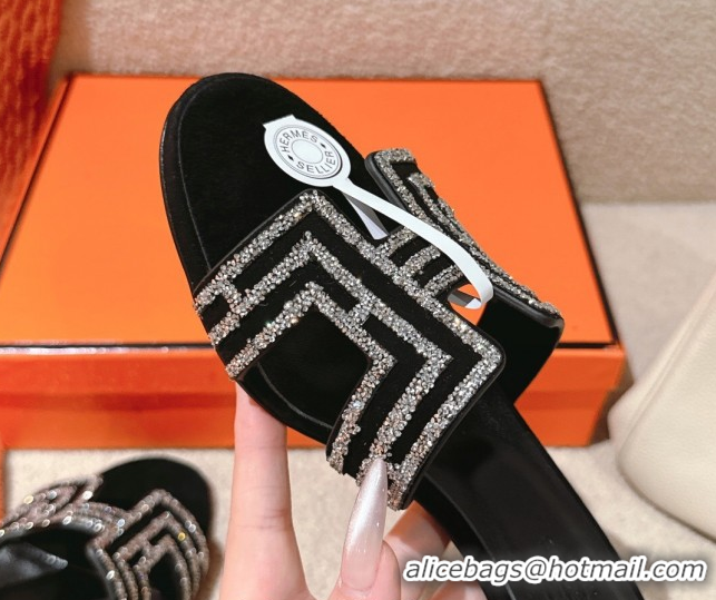 Top Grade Hermes Classic Oasis Heel Slides Sandal 5cm in Suede and Strass Black/Silver 0606192