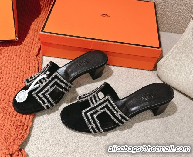 Top Grade Hermes Classic Oasis Heel Slides Sandal 5cm in Suede and Strass Black/Silver 0606192