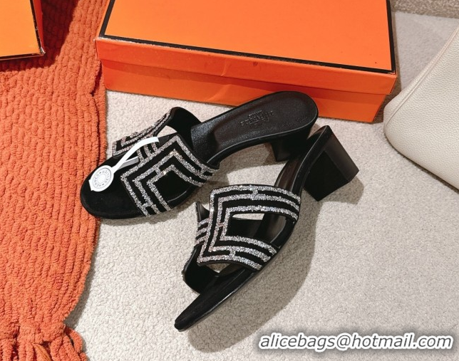Top Grade Hermes Classic Oasis Heel Slides Sandal 5cm in Suede and Strass Black/Silver 0606192