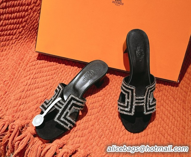 Top Grade Hermes Classic Oasis Heel Slides Sandal 5cm in Suede and Strass Black/Silver 0606192
