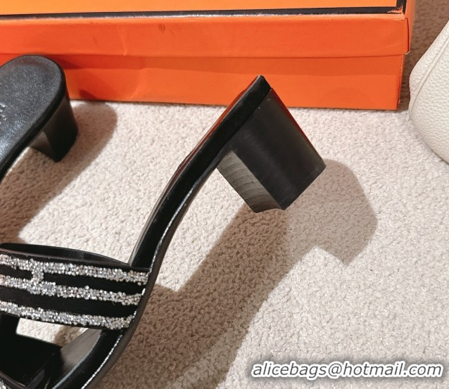 Top Grade Hermes Classic Oasis Heel Slides Sandal 5cm in Suede and Strass Black/Silver 0606192