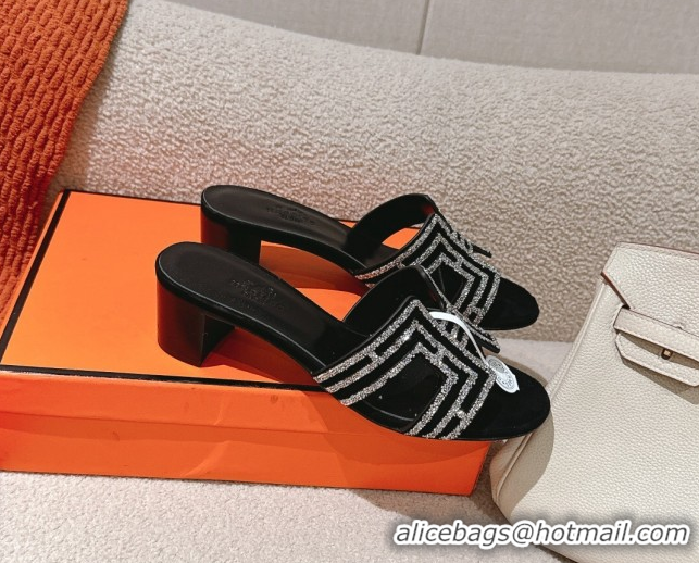 Top Grade Hermes Classic Oasis Heel Slides Sandal 5cm in Suede and Strass Black/Silver 0606192