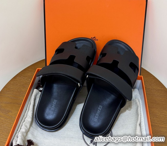 Popular Style Hermes Chypre Flat Sandals in Epsom Calfskin Black 5061101