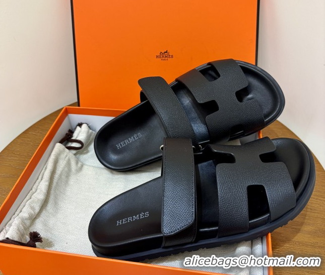Popular Style Hermes Chypre Flat Sandals in Epsom Calfskin Black 5061101