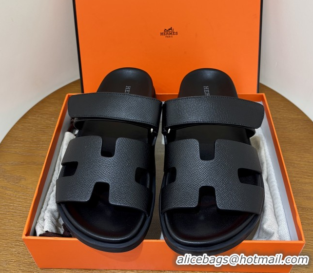 Popular Style Hermes Chypre Flat Sandals in Epsom Calfskin Black 5061101