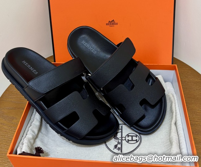 Popular Style Hermes Chypre Flat Sandals in Epsom Calfskin Black 5061101