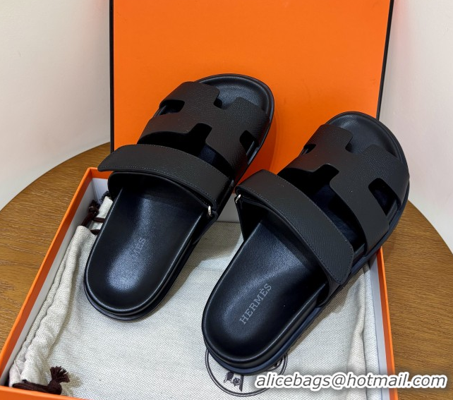 Popular Style Hermes Chypre Flat Sandals in Epsom Calfskin Black 5061101