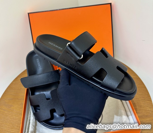 Popular Style Hermes Chypre Flat Sandals in Epsom Calfskin Black 5061101