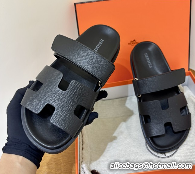 Popular Style Hermes Chypre Flat Sandals in Epsom Calfskin Black 5061101
