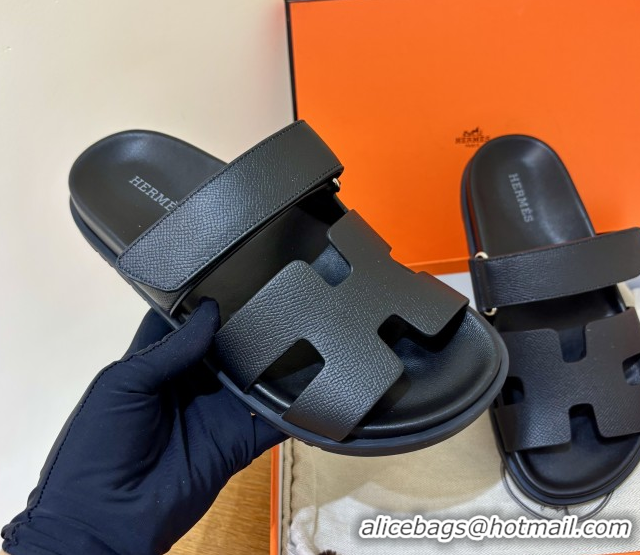 Popular Style Hermes Chypre Flat Sandals in Epsom Calfskin Black 5061101