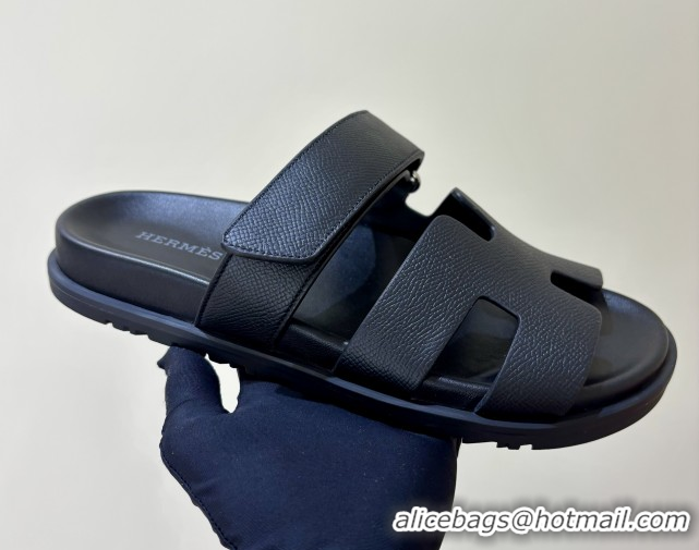 Popular Style Hermes Chypre Flat Sandals in Epsom Calfskin Black 5061101