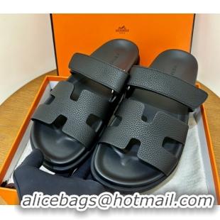 Good Quality Hermes Chypre Flat Sandals in Togo Calfskin Black 061102