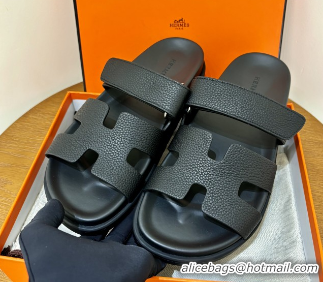 Good Quality Hermes Chypre Flat Sandals in Togo Calfskin Black 061102