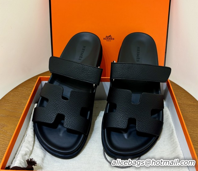 Good Quality Hermes Chypre Flat Sandals in Togo Calfskin Black 061102
