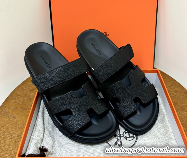 Good Quality Hermes Chypre Flat Sandals in Togo Calfskin Black 061102