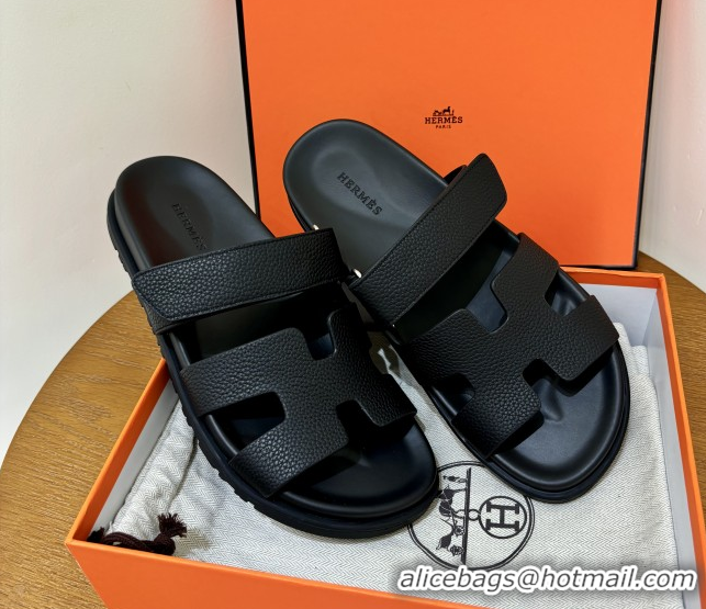Good Quality Hermes Chypre Flat Sandals in Togo Calfskin Black 061102