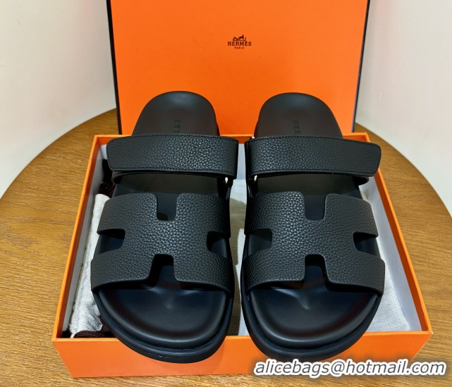 Good Quality Hermes Chypre Flat Sandals in Togo Calfskin Black 061102