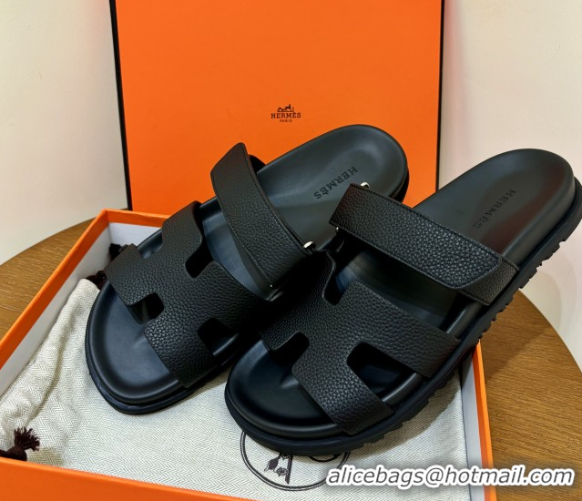 Good Quality Hermes Chypre Flat Sandals in Togo Calfskin Black 061102