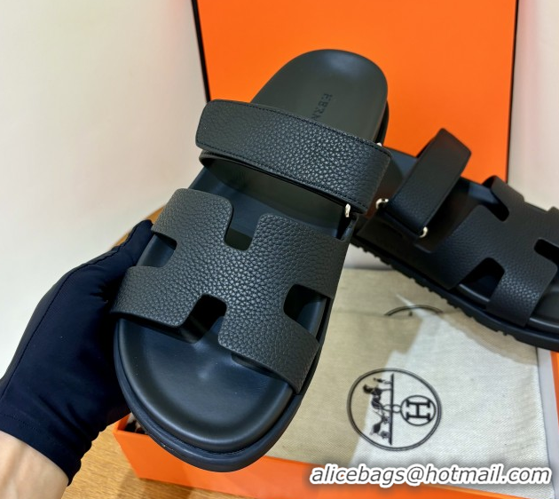 Good Quality Hermes Chypre Flat Sandals in Togo Calfskin Black 061102
