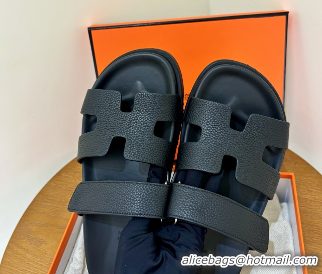 Good Quality Hermes Chypre Flat Sandals in Togo Calfskin Black 061102