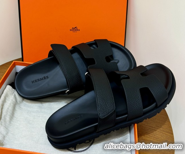 Good Quality Hermes Chypre Flat Sandals in Togo Calfskin Black 061102