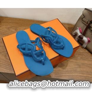 Leisure Hermes Chaine d'Ancre Rubber Flat Thong Slides Sandal Blue 2025 H070802