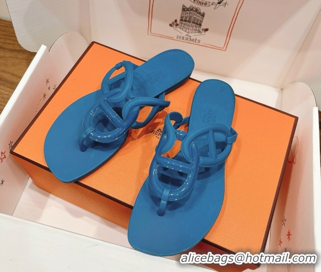 Leisure Hermes Chaine d'Ancre Rubber Flat Thong Slides Sandal Blue 2025 H070802