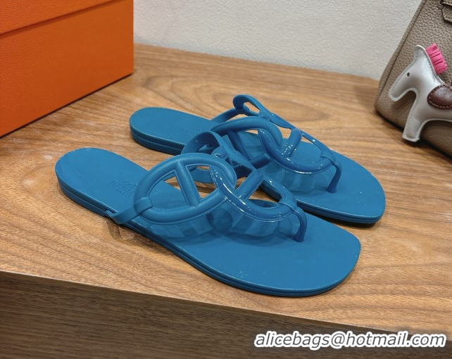 Leisure Hermes Chaine d'Ancre Rubber Flat Thong Slides Sandal Blue 2025 H070802