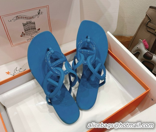 Leisure Hermes Chaine d'Ancre Rubber Flat Thong Slides Sandal Blue 2025 H070802