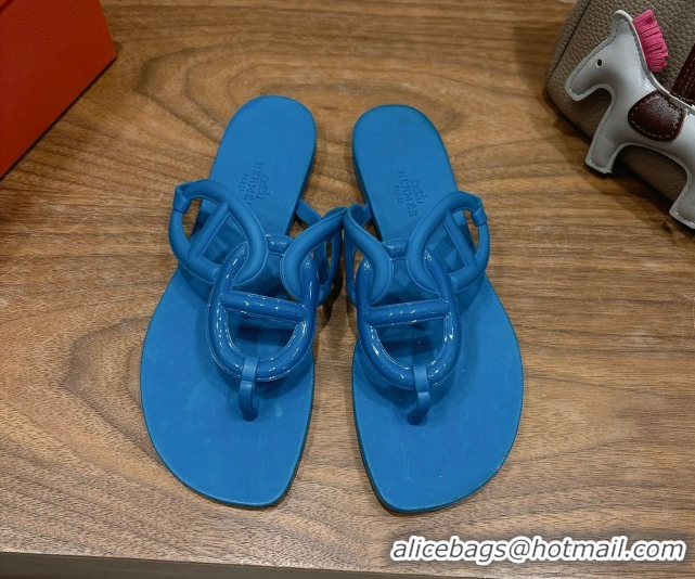 Leisure Hermes Chaine d'Ancre Rubber Flat Thong Slides Sandal Blue 2025 H070802
