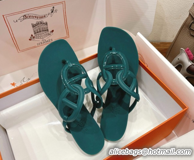 Best Product Hermes Chaine d'Ancre Rubber Flat Thong Slides Sandal Green 0708024