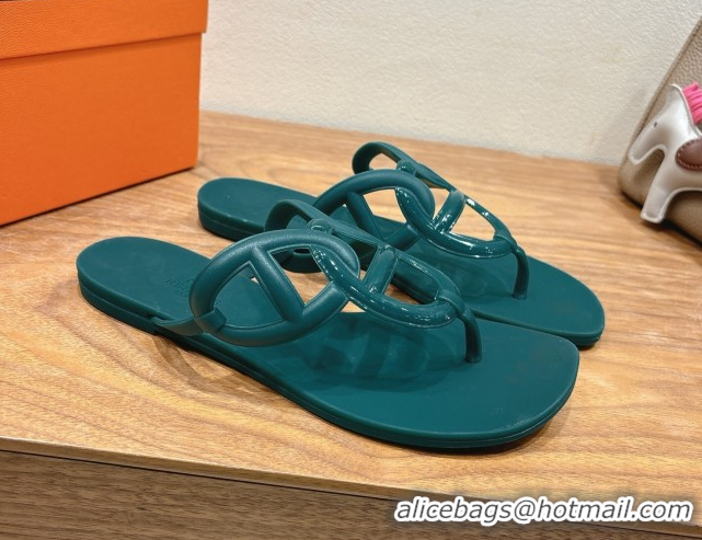 Best Product Hermes Chaine d'Ancre Rubber Flat Thong Slides Sandal Green 0708024