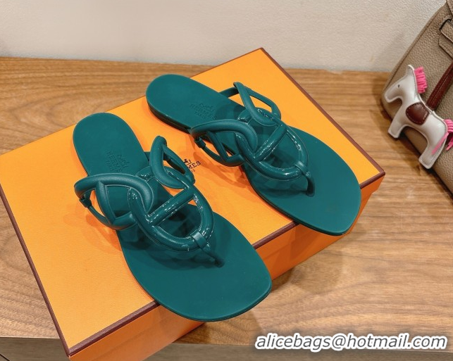 Best Product Hermes Chaine d'Ancre Rubber Flat Thong Slides Sandal Green 0708024