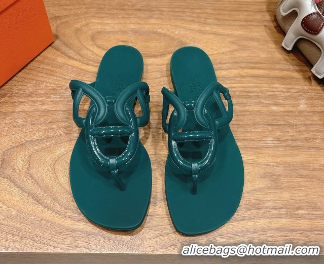 Best Product Hermes Chaine d'Ancre Rubber Flat Thong Slides Sandal Green 0708024