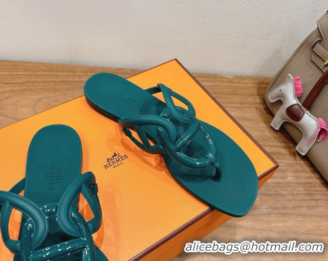 Best Product Hermes Chaine d'Ancre Rubber Flat Thong Slides Sandal Green 0708024