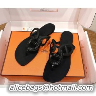 Luxury Discount Hermes Chaine d'Ancre Rubber Flat Thong Slides Sandal Black 0708025