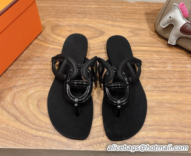 Luxury Discount Hermes Chaine d'Ancre Rubber Flat Thong Slides Sandal Black 0708025