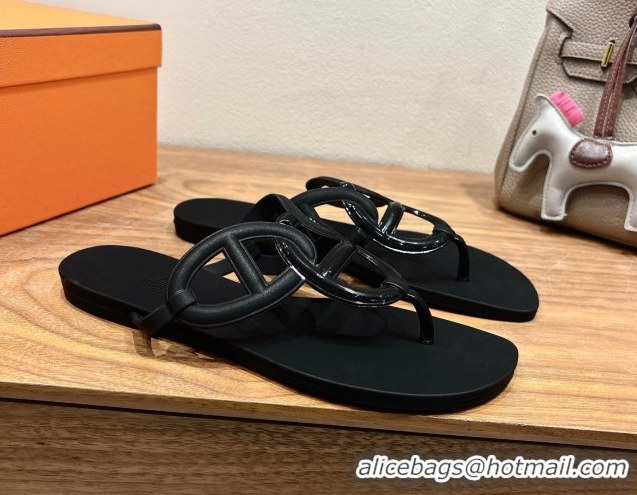 Luxury Discount Hermes Chaine d'Ancre Rubber Flat Thong Slides Sandal Black 0708025