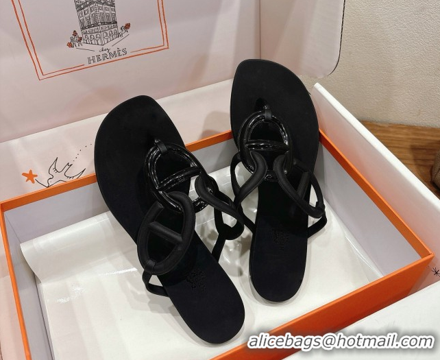 Luxury Discount Hermes Chaine d'Ancre Rubber Flat Thong Slides Sandal Black 0708025