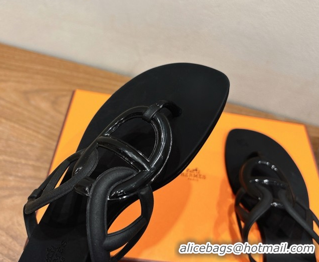 Luxury Discount Hermes Chaine d'Ancre Rubber Flat Thong Slides Sandal Black 0708025