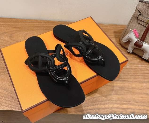 Luxury Discount Hermes Chaine d'Ancre Rubber Flat Thong Slides Sandal Black 0708025