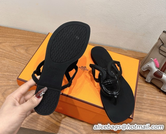 Luxury Discount Hermes Chaine d'Ancre Rubber Flat Thong Slides Sandal Black 0708025