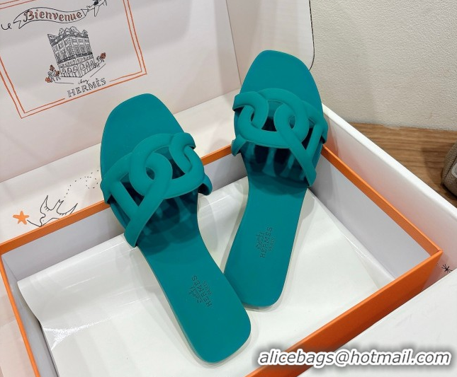Pretty Style Hermes Chaine d'Ancre Rubber Flat Thong Slides Sandal Green 0708028