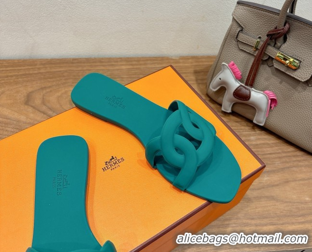 Pretty Style Hermes Chaine d'Ancre Rubber Flat Thong Slides Sandal Green 0708028