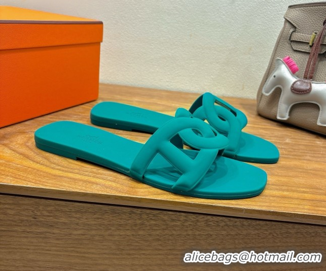 Pretty Style Hermes Chaine d'Ancre Rubber Flat Thong Slides Sandal Green 0708028