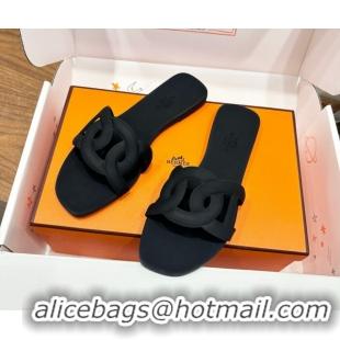 Top Design Hermes Chaine d'Ancre Rubber Flat Thong Slides Sandal Black 0708029