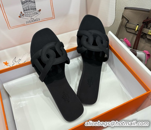 Top Design Hermes Chaine d'Ancre Rubber Flat Thong Slides Sandal Black 0708029